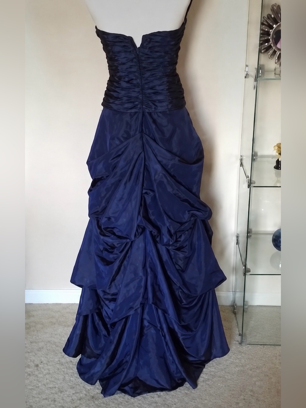 David Bridal Strapless Ruched Navy Evening Gown
